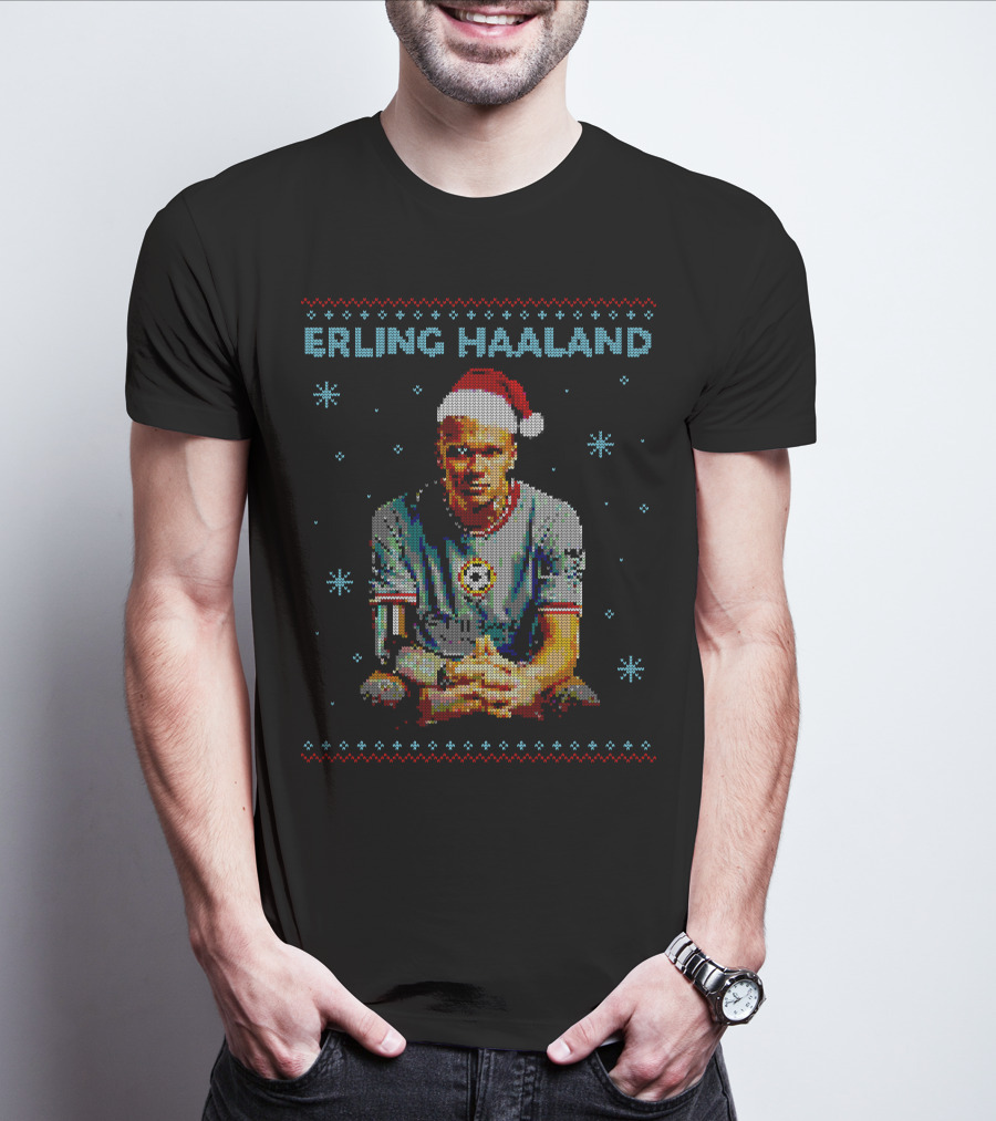 ERLING HAALAND Christmas Pixel Art With Santa Hat T-Shirt