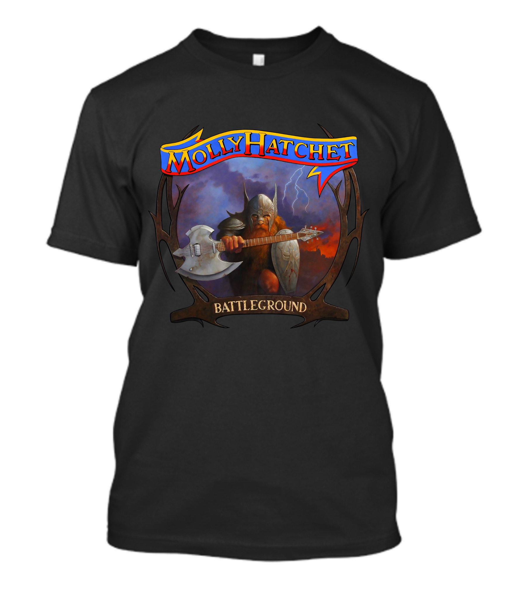 Molly Hatchet Battleground Viking Warrior With Axe Guitar And Shield T-Shirt