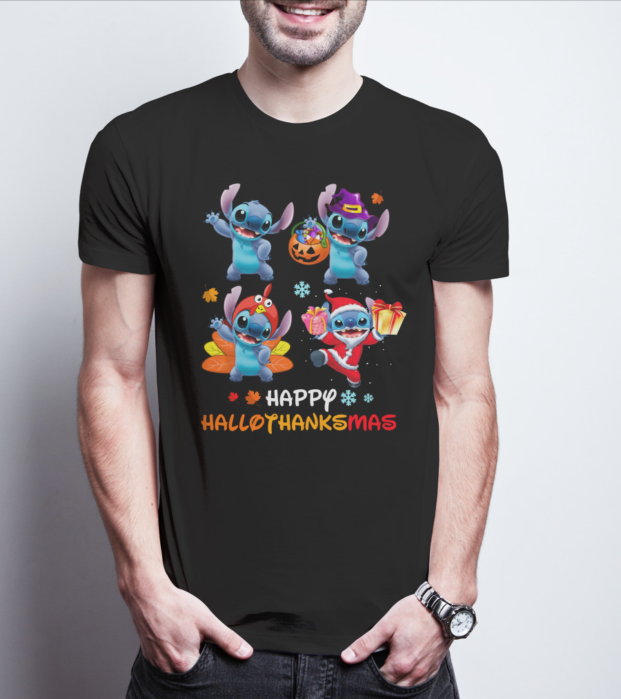 Happy HALLOTHANKSMAS Stitch In Halloween Thanksgiving Christmas Styles T-Shirt