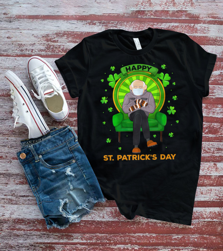 Happy St. Patrick's Day Masked Sitting Man With Mittens Surrounded By Clovers T-Shirt
