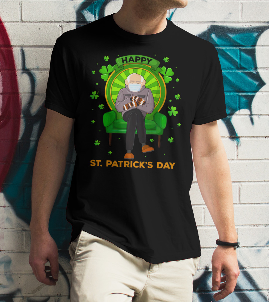 Happy St. Patrick's Day Masked Sitting Man With Mittens Surrounded By Clovers T-Shirt