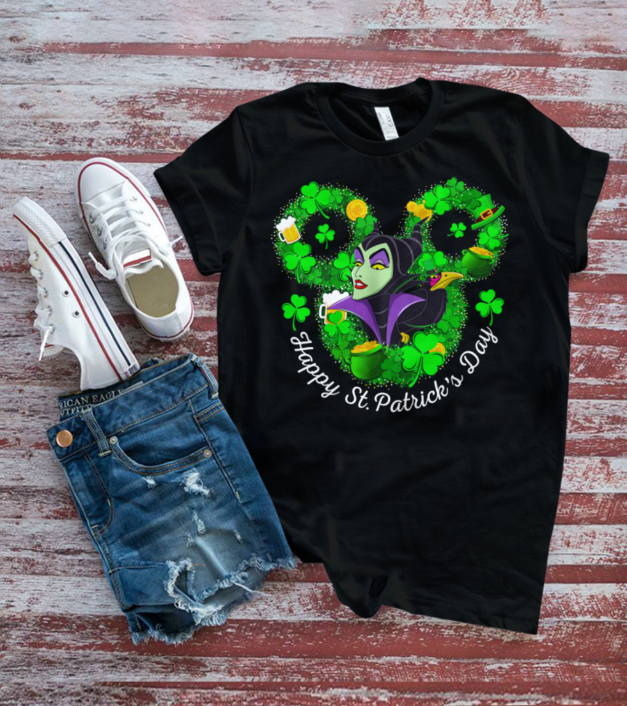 Maleficent Happy St. Patrick's Day Clover Coins Beer T-Shirt