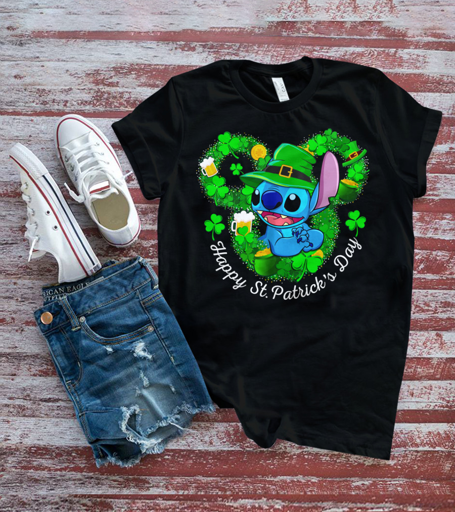 Stitch Happy St. Patrick's Day Shamrocks And Beer Celebration T-Shirt