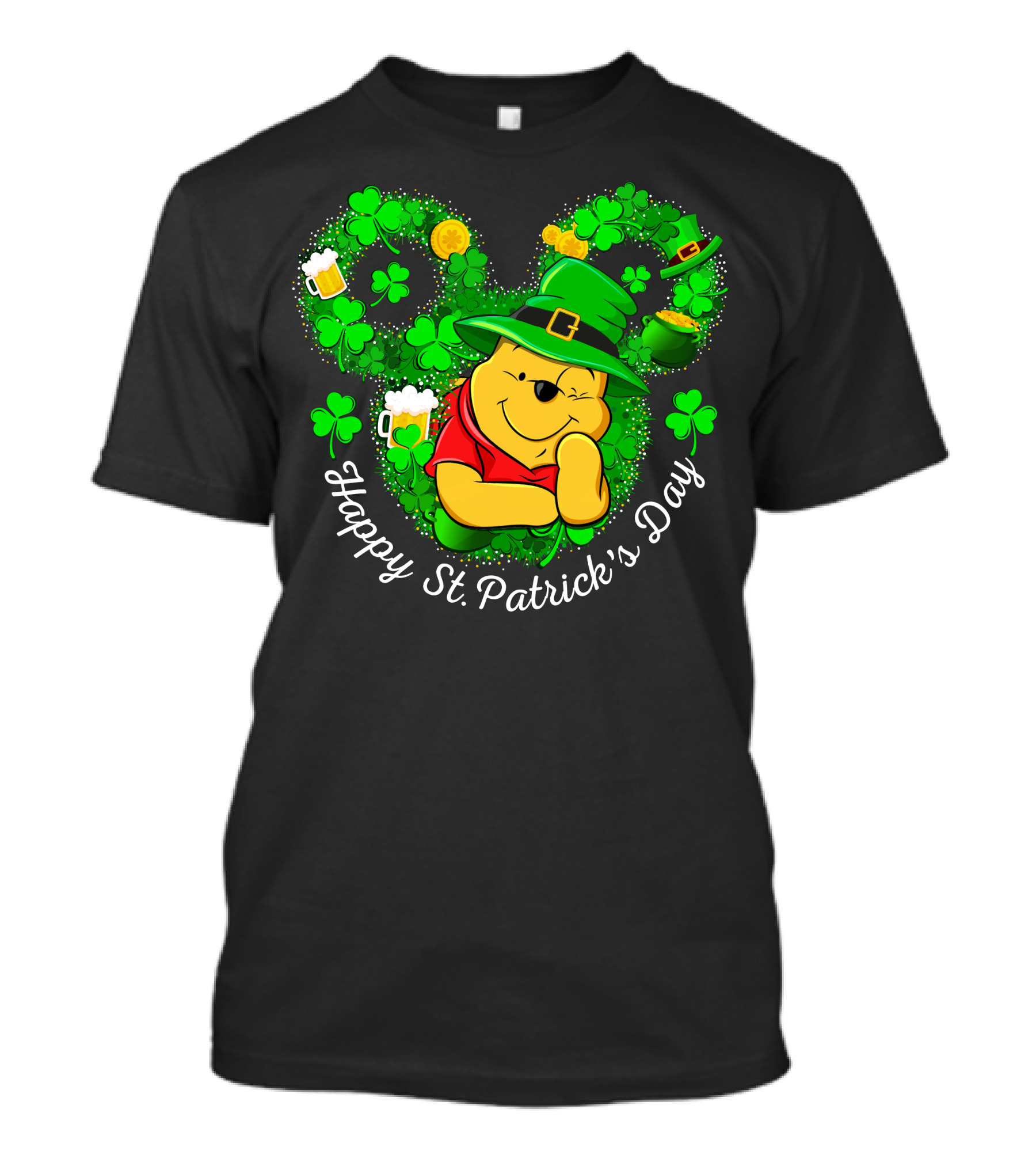 Happy St. Patrick's Day Pooh Shamrocks And Green Hat T-Shirt