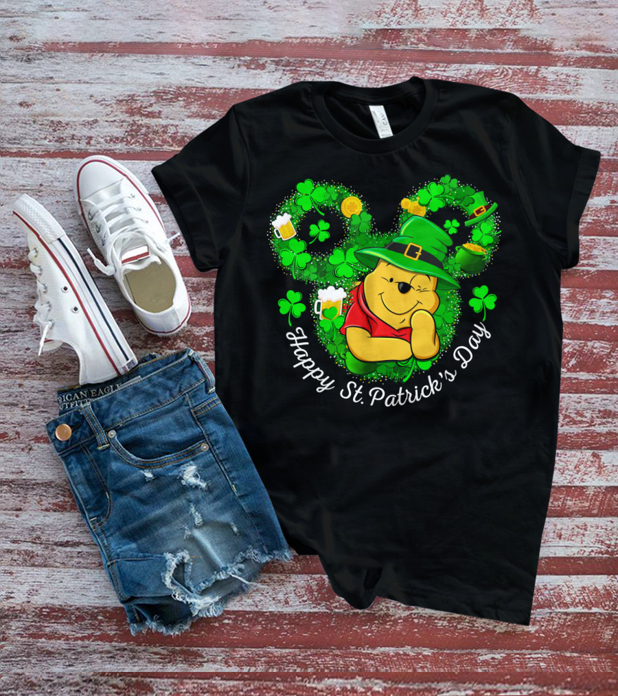 Happy St. Patrick's Day Pooh Shamrocks And Green Hat T-Shirt