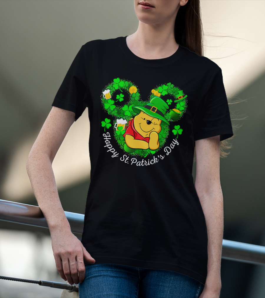 Happy St. Patrick's Day Pooh Shamrocks And Green Hat T-Shirt