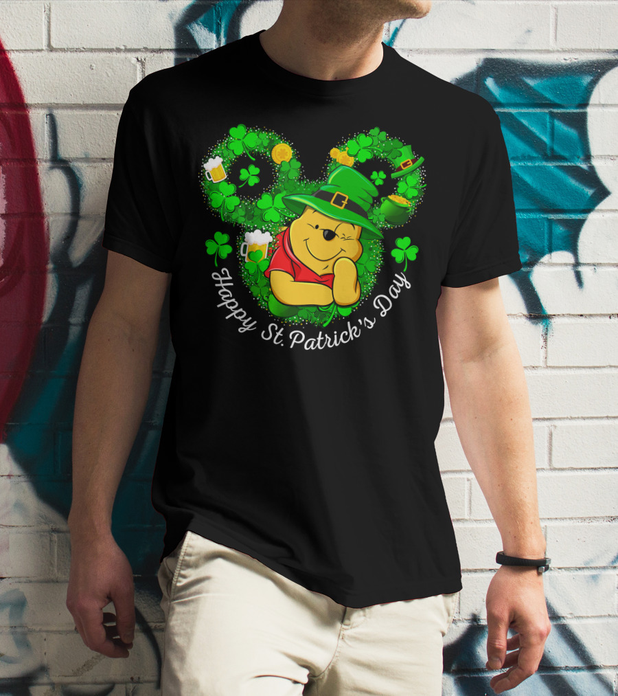 Happy St. Patrick's Day Pooh Shamrocks And Green Hat T-Shirt
