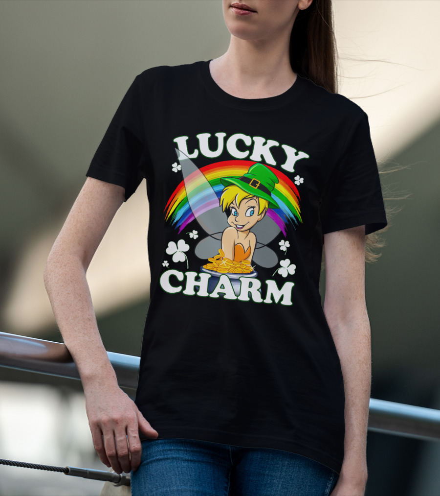 Lucky Charm Tinker Bell Rainbow And Shamrocks T-Shirt
