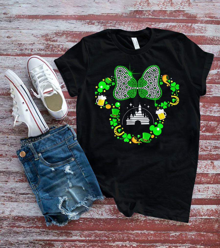St. Patrick's Day Minnie Mouse Shamrock Castle Lucky Charm Party Bow T-Shirt