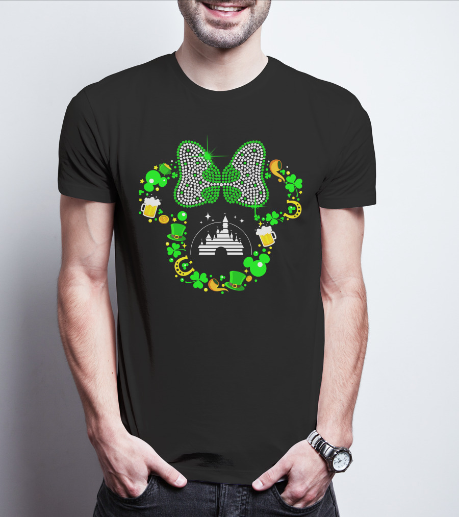 St. Patrick's Day Minnie Mouse Shamrock Castle Lucky Charm Party Bow T-Shirt