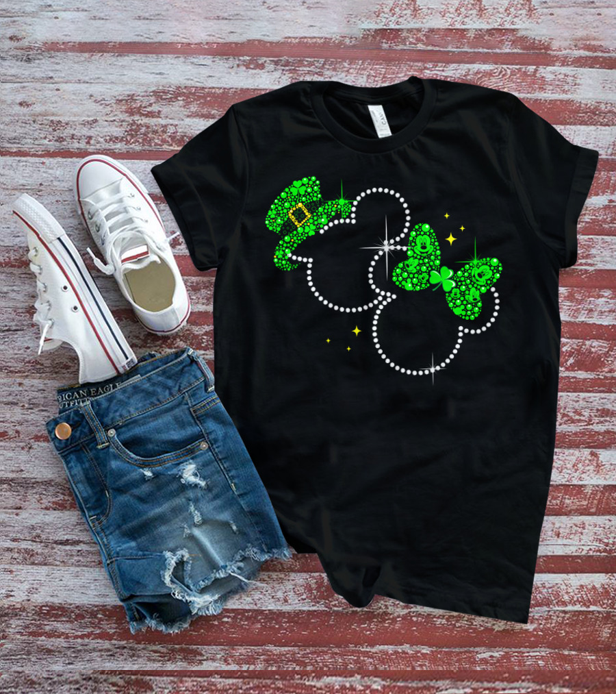 Mickey And Minnie St. Patrick's Day Shamrock Hat And Bow T-Shirt