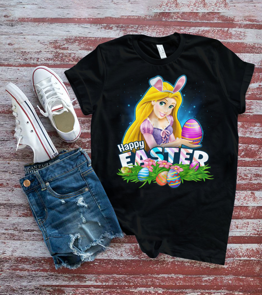 Happy Easter Rapunzel Bunny Ears With Colorful Eggs And Flowers T-Shirt