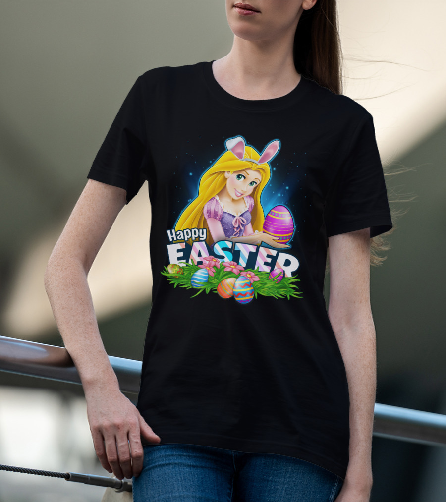 Happy Easter Rapunzel Bunny Ears With Colorful Eggs And Flowers T-Shirt