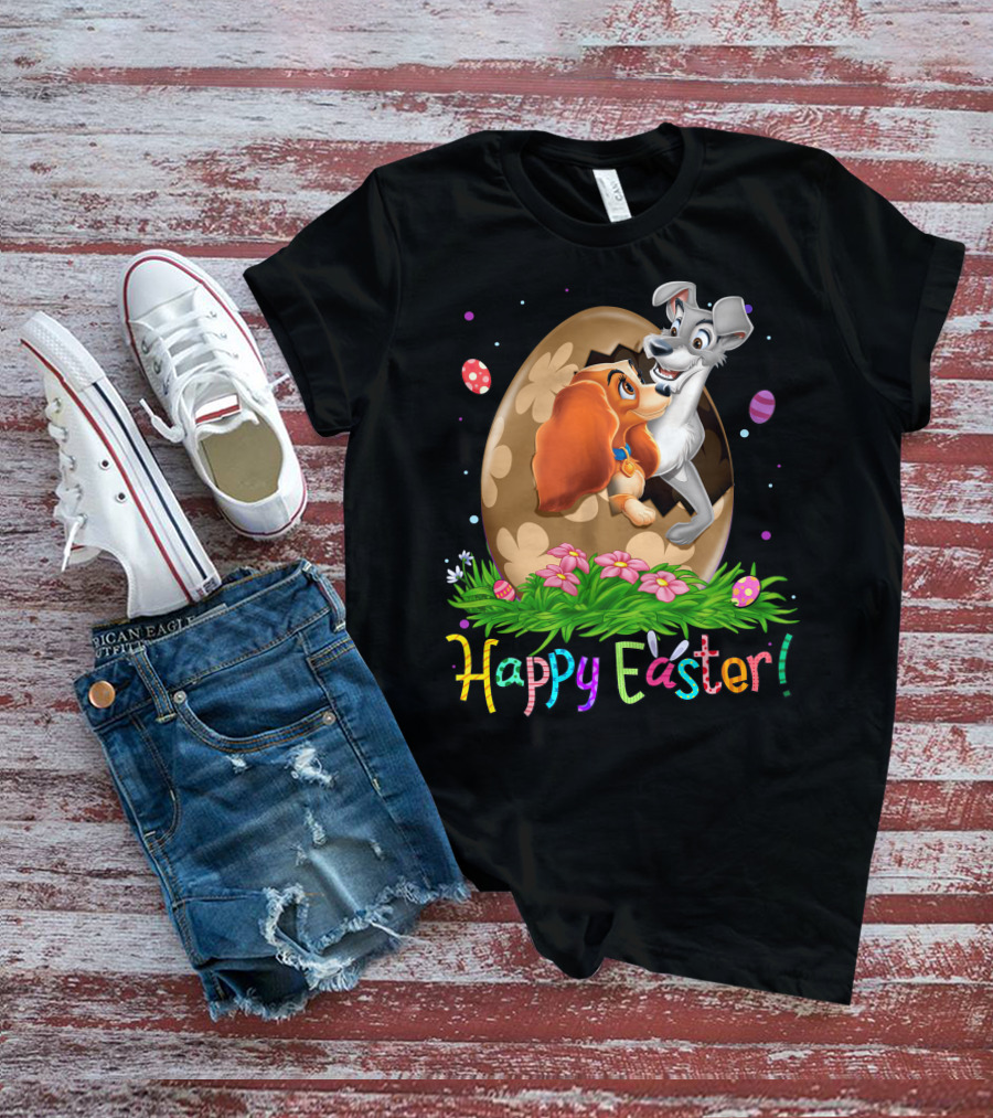 Lady And The Tramp Happy Easter Egg Scene With Colorful Flowers And Eggs T-Shirt