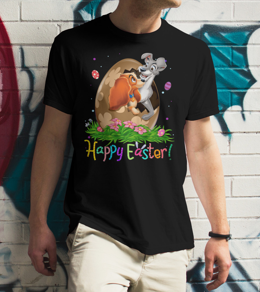Lady And The Tramp Happy Easter Egg Scene With Colorful Flowers And Eggs T-Shirt