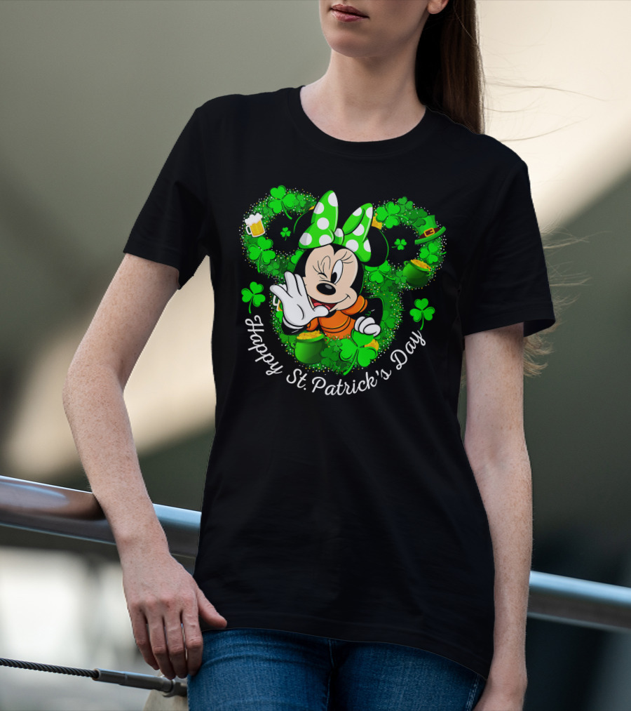 Minnie Mouse Happy St. Patrick's Day Shamrocks And Leprechaun Hat T-Shirt