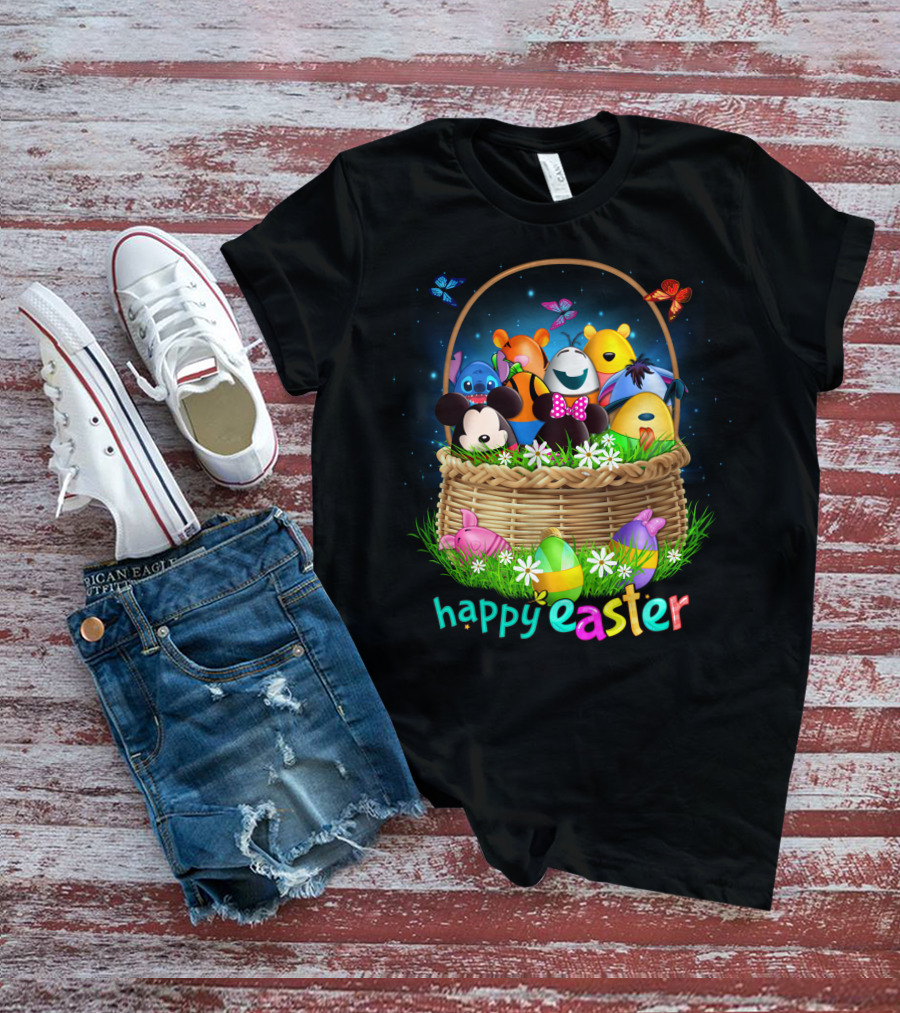 Happy Easter Basket With Colorful Eggs And Characters T-Shirt