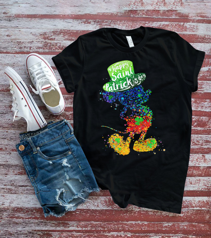 Happy Saint Patrick's Day Mickey Mouse Colorful Splatter Art T-Shirt