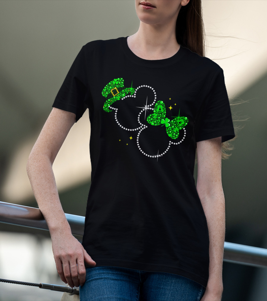 Mickey Minnie St. Patrick's Day Sparkling Green Hat And Bow T-Shirt