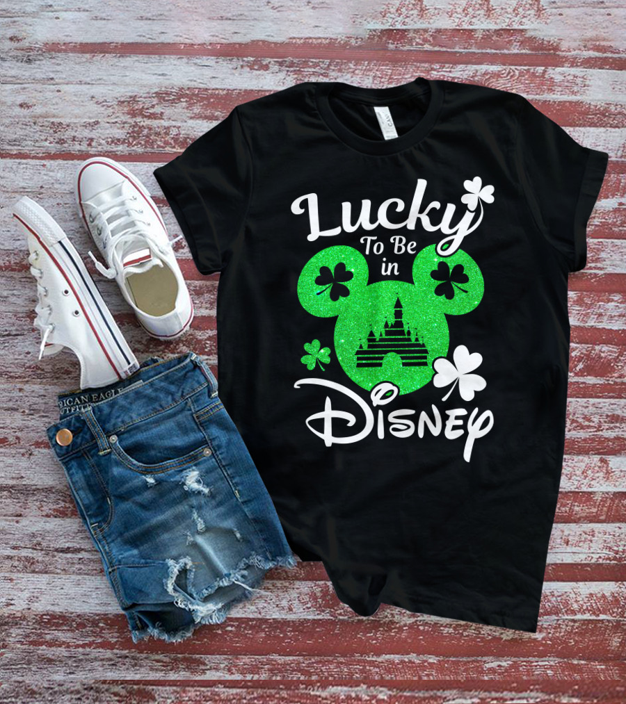 Lucky To Be In Disney Green Glitter Castle Shamrocks T-Shirt