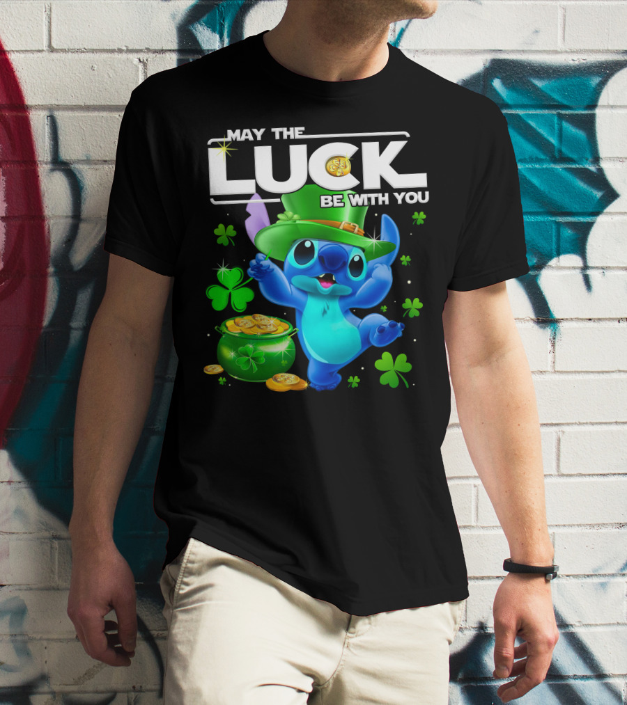 Stitch May The Luck Be With You Featuring Green Hat And Shamrocks T-Shirt