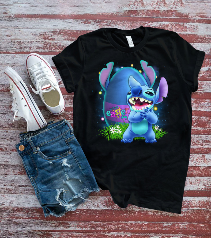 Happy Easter Day Stitch With Easter Egg And Flowers T-Shirt