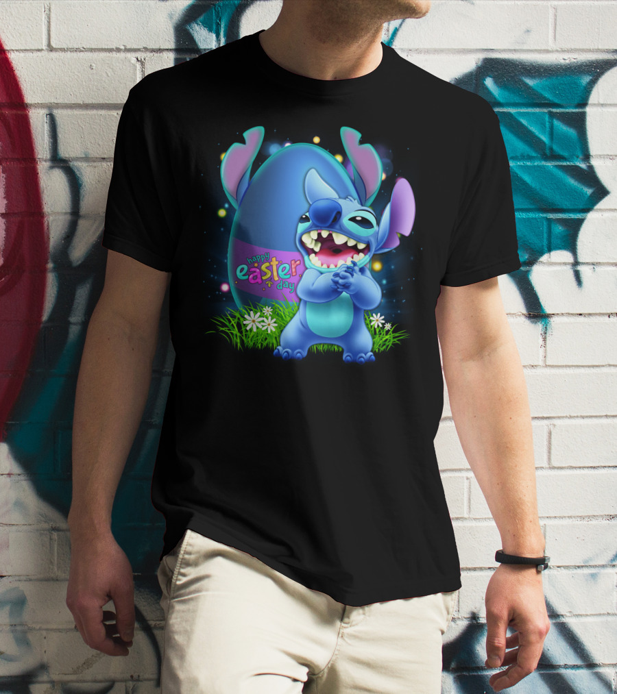 Happy Easter Day Stitch With Easter Egg And Flowers T-Shirt