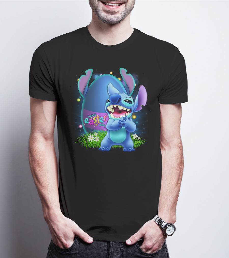 Happy Easter Day Stitch With Easter Egg And Flowers T-Shirt