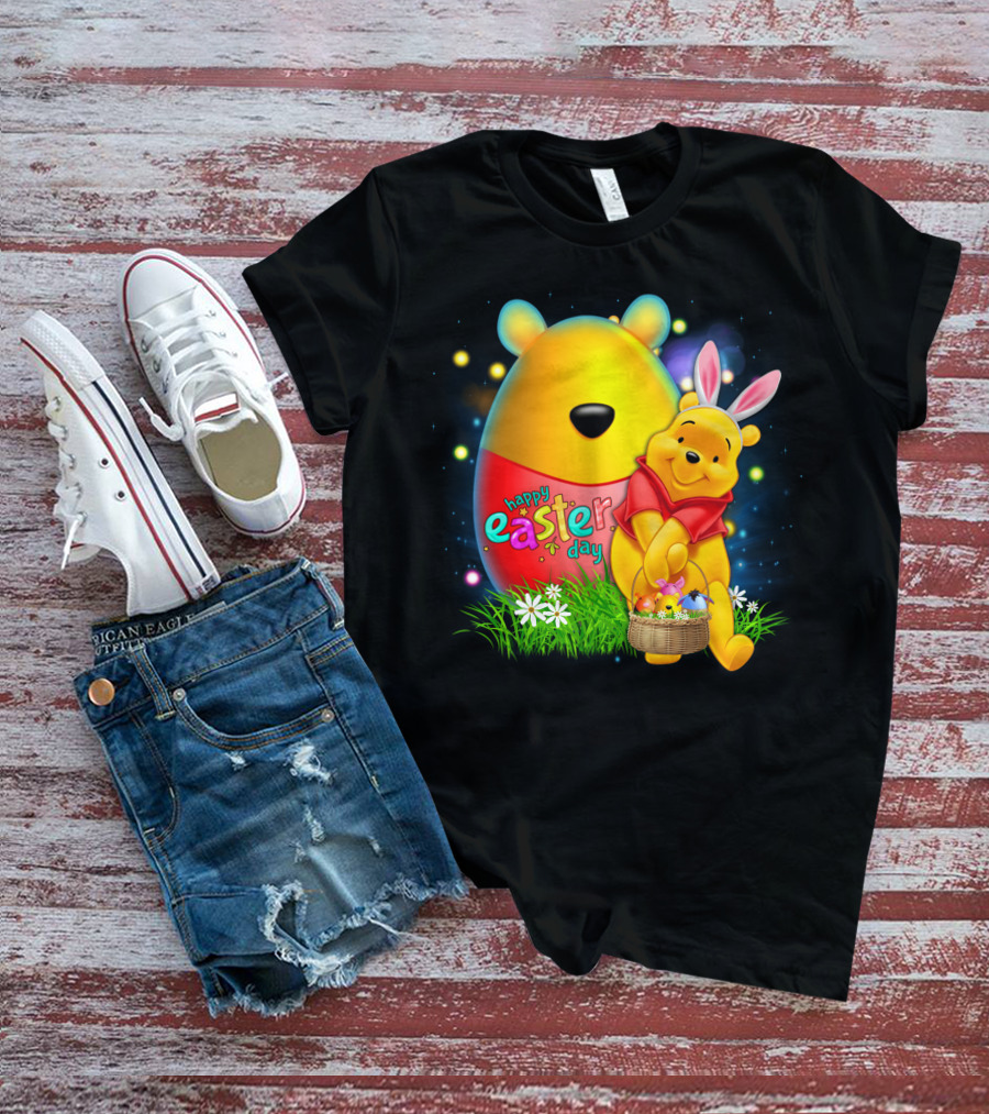 Happy Easter Day Pooh With Basket And Bunny Ears T-Shirt