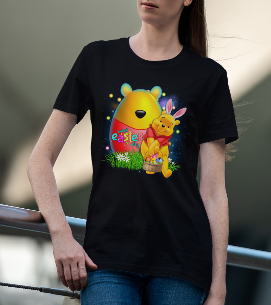 Happy Easter Day Pooh With Basket And Bunny Ears T-Shirt