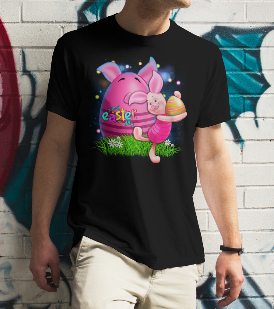 Happy Easter Day Piglet With Colorful Eggs T-Shirt