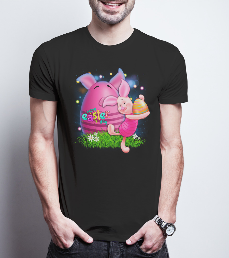 Happy Easter Day Piglet With Colorful Eggs T-Shirt