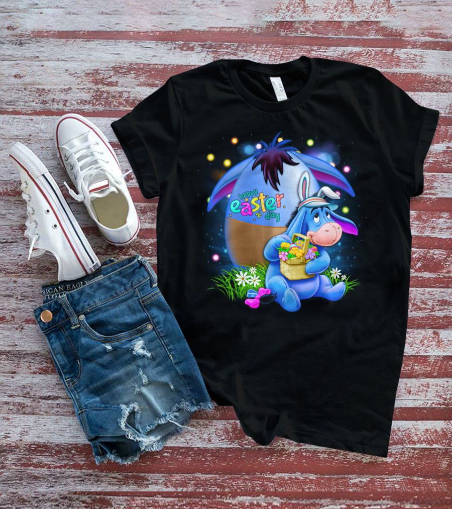 Happy Easter Day Eeyore With Basket And Colorful Egg T-Shirt