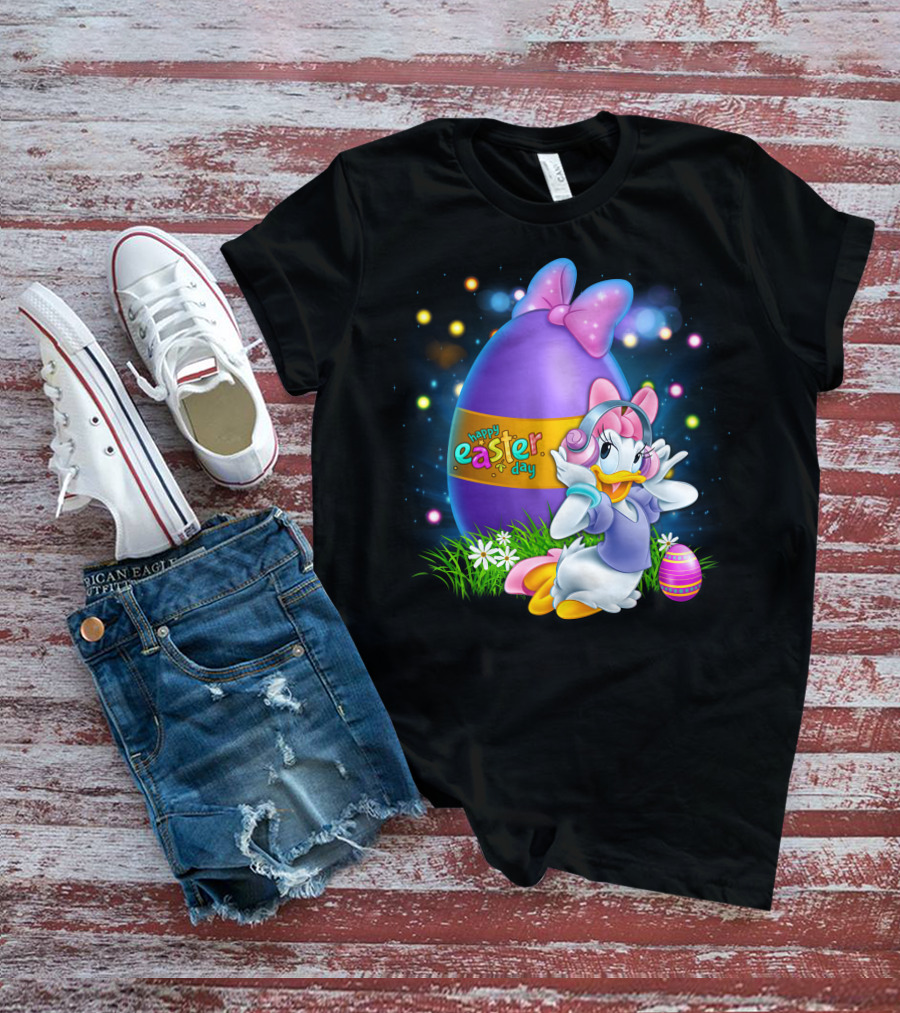 Daisy Duck Happy Easter Day Pink Bow Large Egg And Flowers T-Shirt