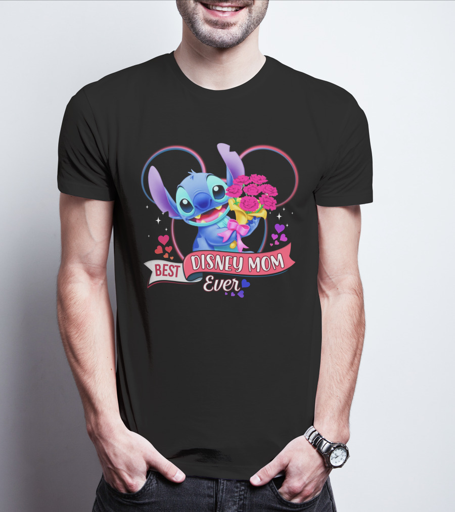 Best Disney Mom Ever Stitch With Flowers And Hearts T-Shirt