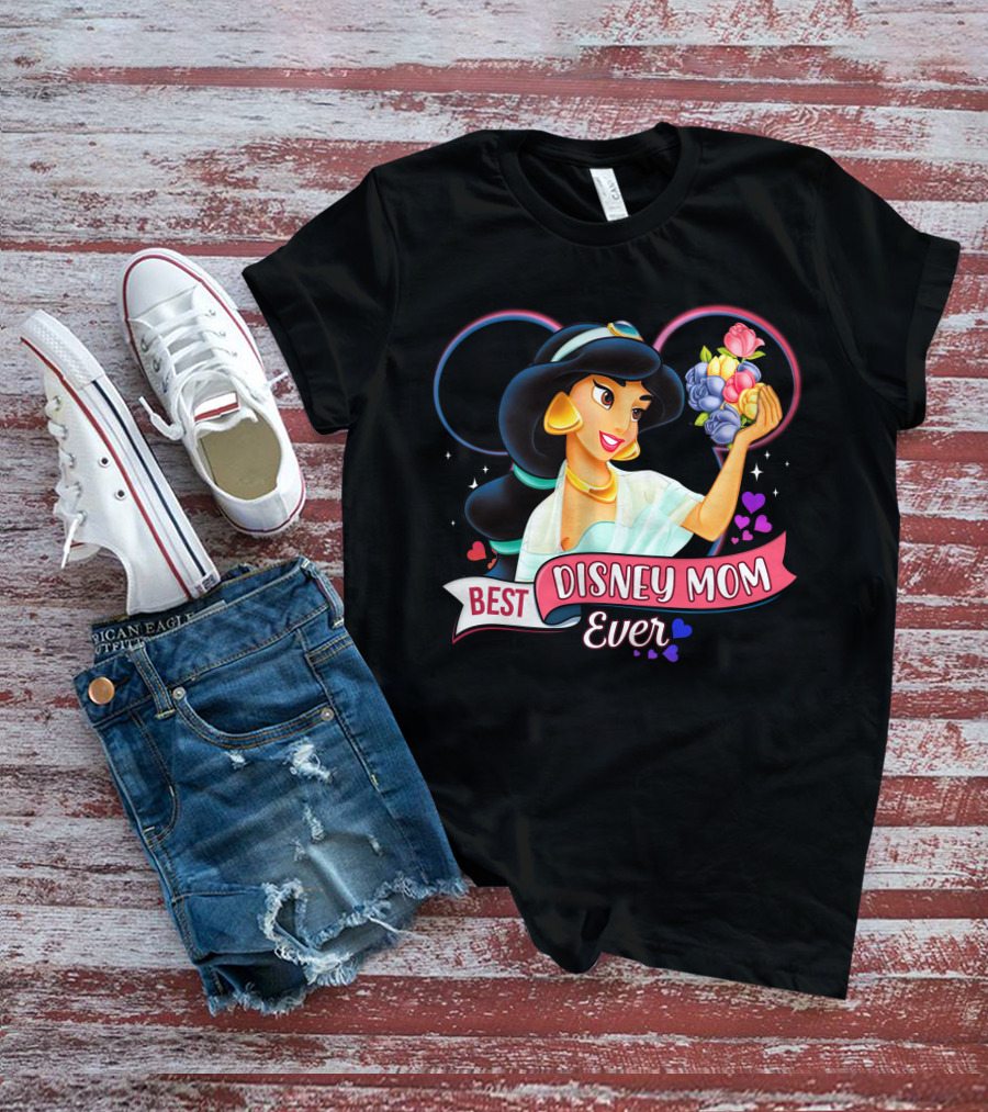 Best Disney Mom Ever Jasmine With Flowers And Hearts T-Shirt