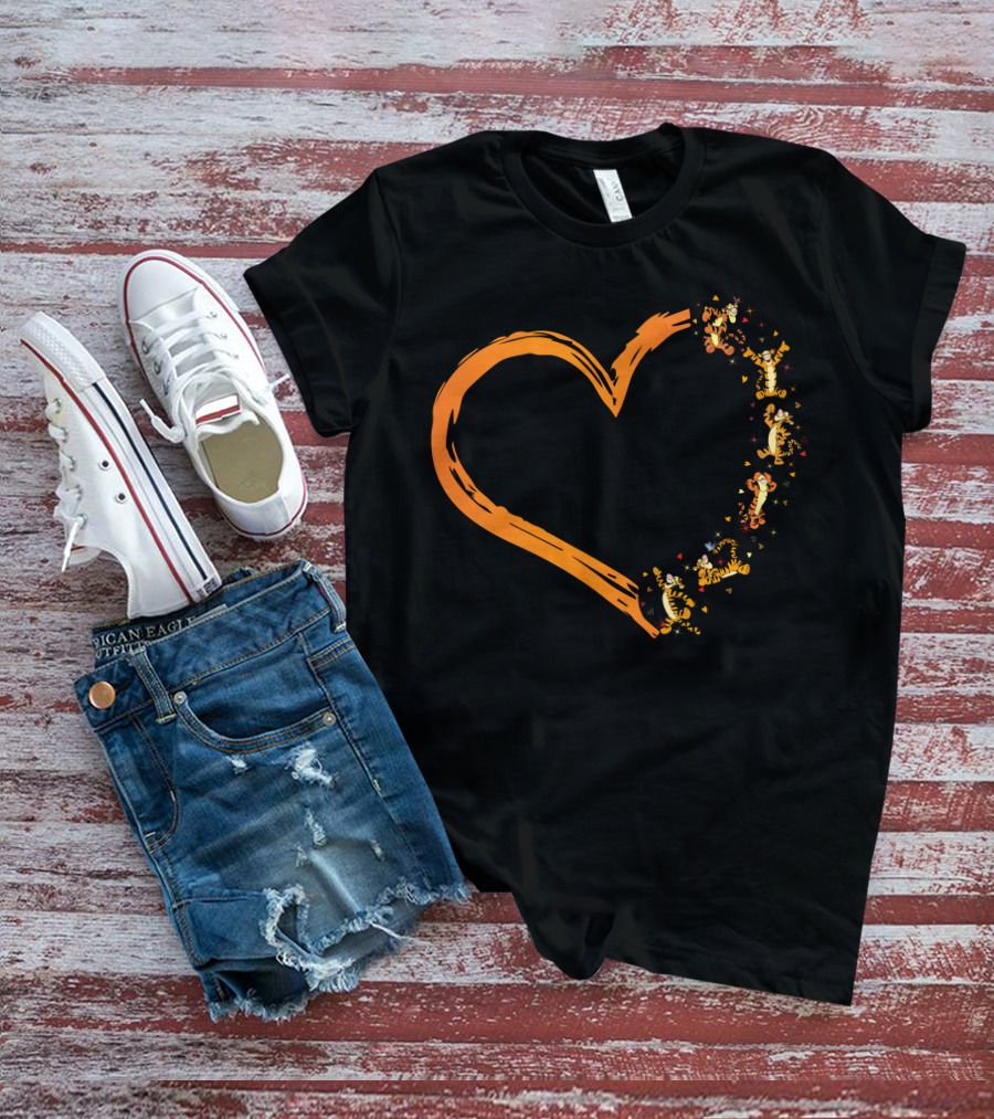 Tigger Heart Orange Brushstroke With Dancing Tiggers And Stars T-Shirt