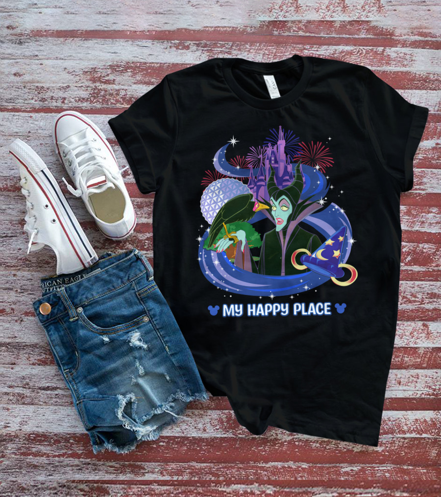 Maleficent My Happy Place Disney Castle Fireworks Mickey Sorcerer Hat T-Shirt