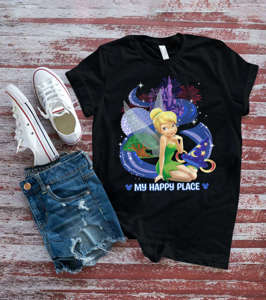 Tinker Bell My Happy Place Disney Castle Epcot Fireworks Wizard Hat T-Shirt