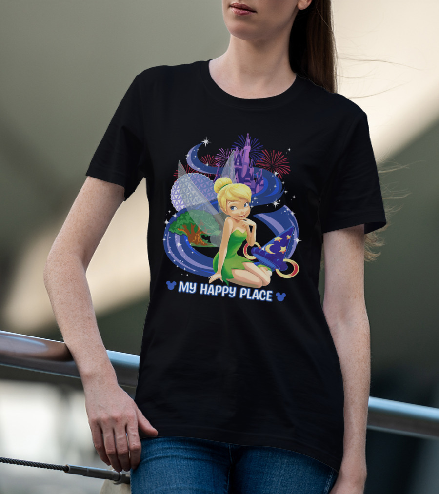 Tinker Bell My Happy Place Disney Castle Epcot Fireworks Wizard Hat T-Shirt