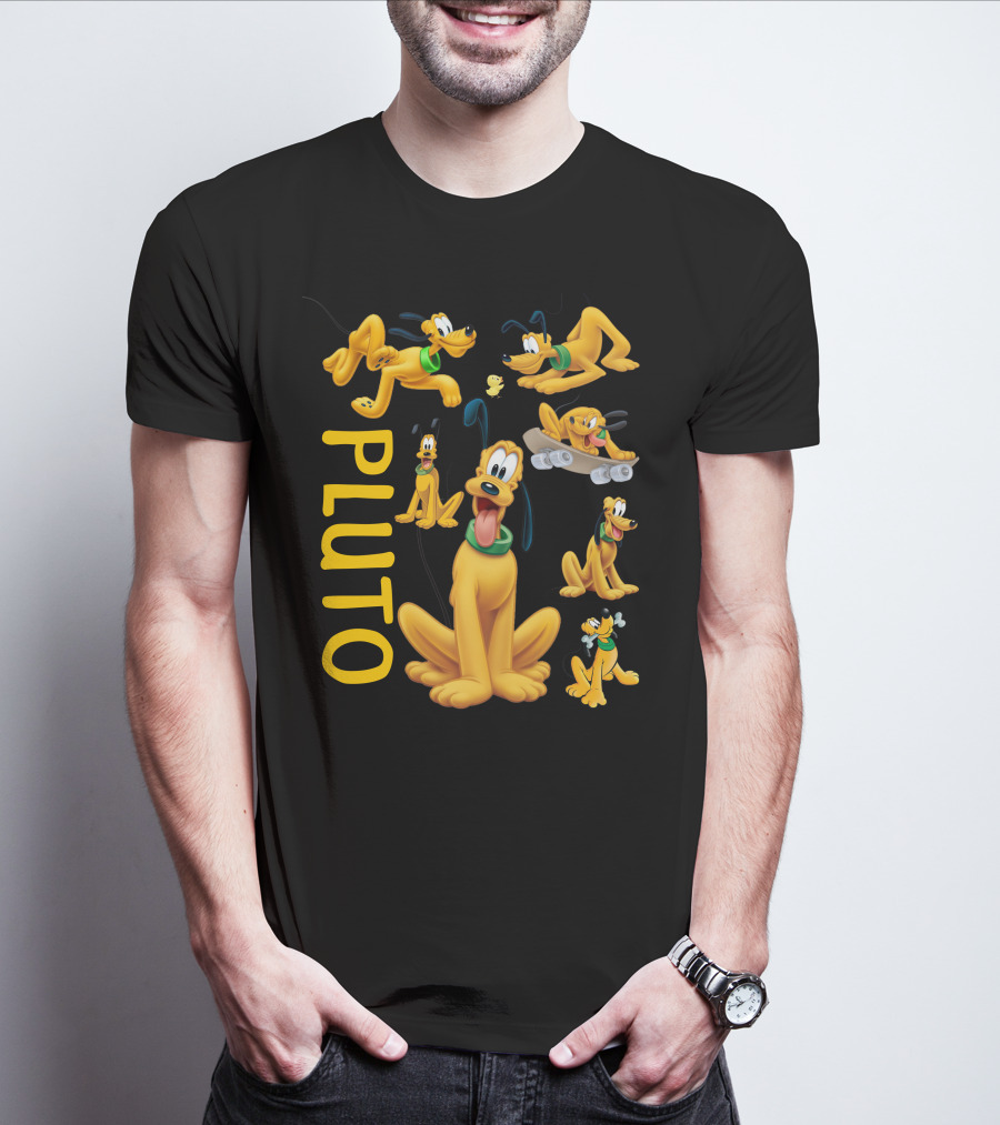 Pluto Character Poses Collection With Skateboarding And Chewy Bone T-Shirt