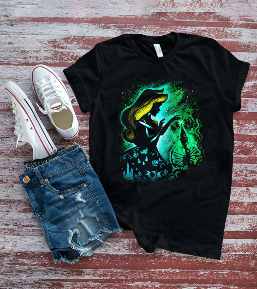Sleeping Beauty Silhouette With Spinning Wheel And Enchanted Forest Elements T-Shirt