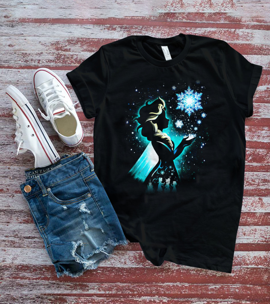 Elsa Silhouette With Snowflakes And Winter Scene T-Shirt