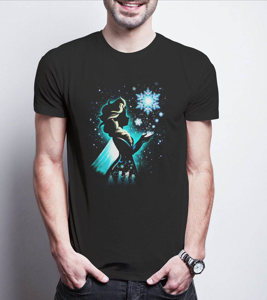 Elsa Silhouette With Snowflakes And Winter Scene T-Shirt