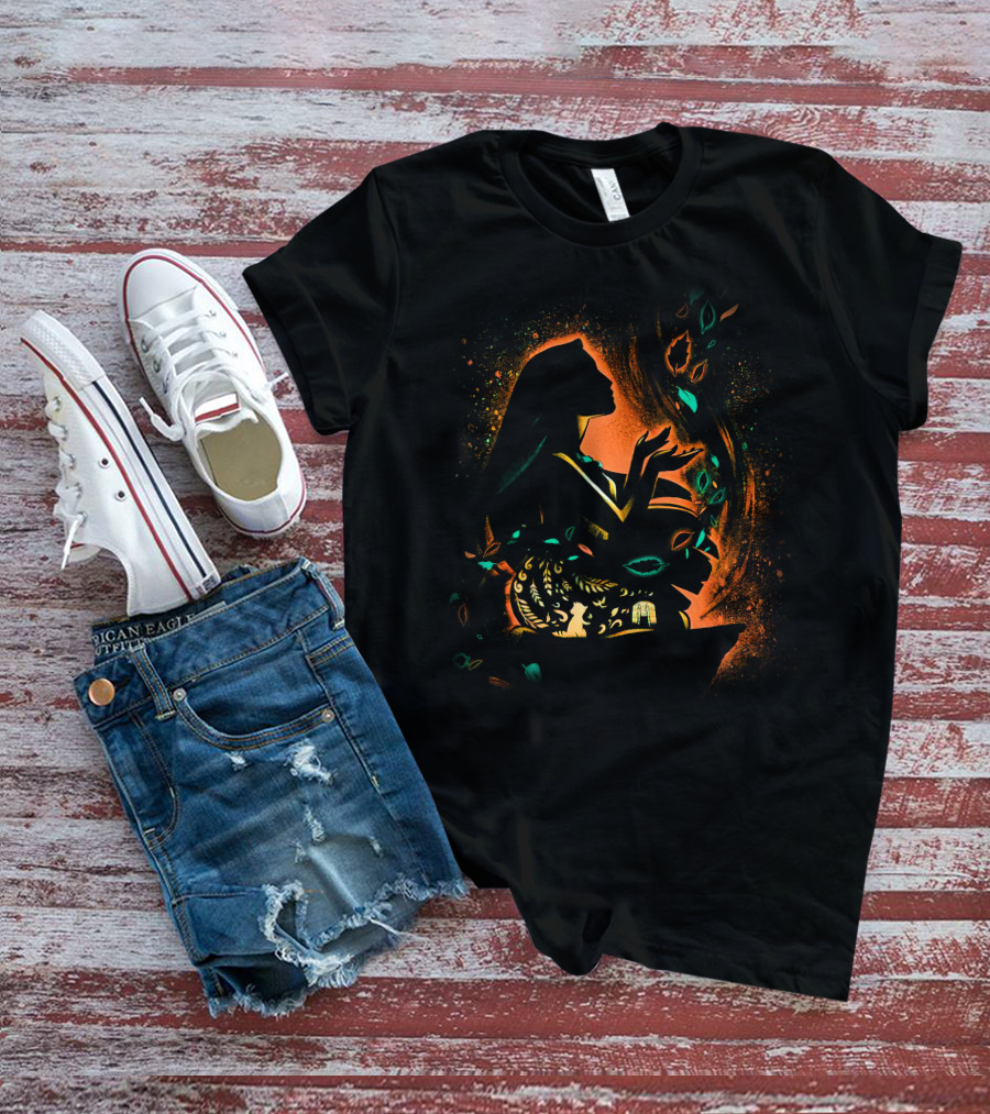 Pocahontas Silhouette With Colorful Leaves And Nature Elements T-Shirt