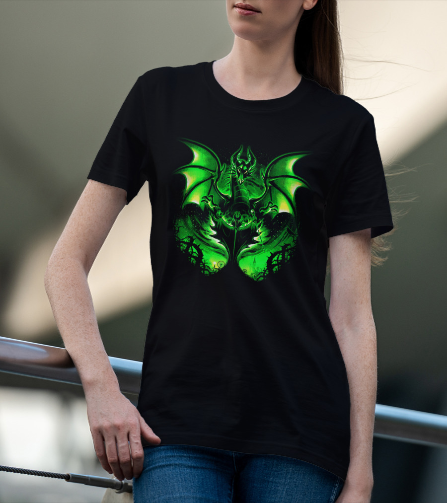 Maleficent 2 Dark Green Dragon Art Fantastical Scene Ravens Winding Thorns T-Shirt