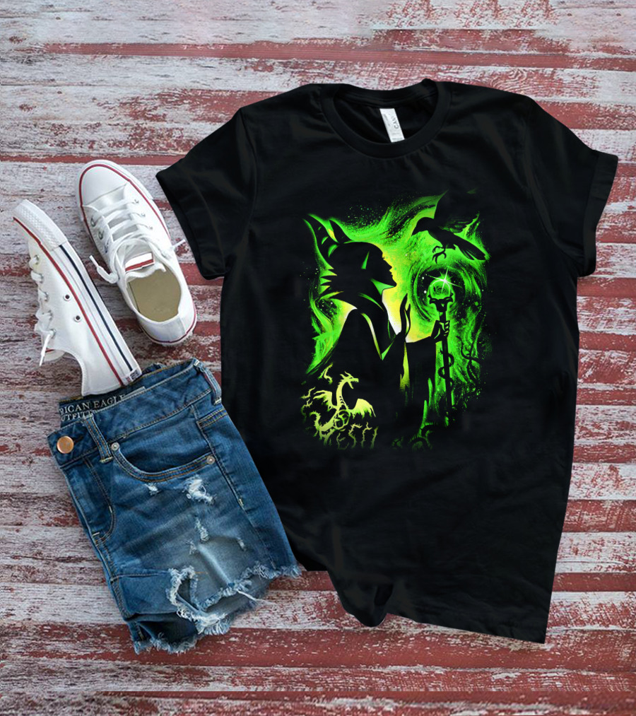 Maleficent 3 Dragon Silhouette And Green Magic Staff Scene T-Shirt