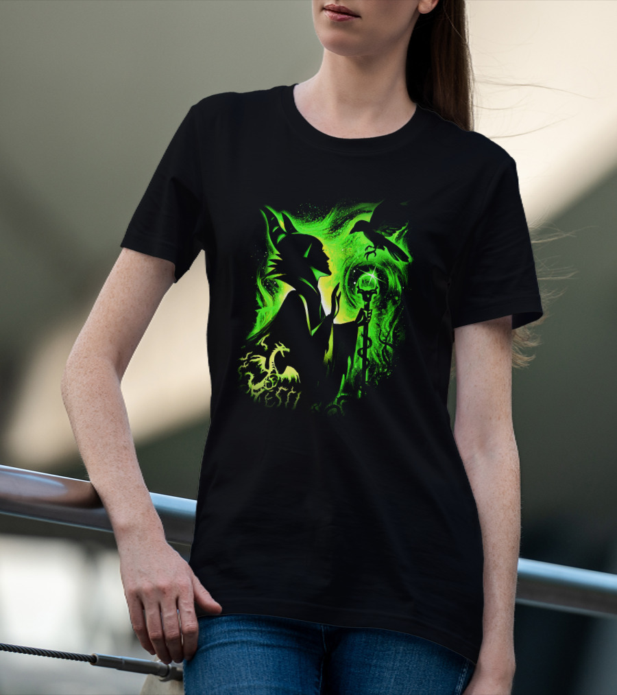Maleficent 3 Dragon Silhouette And Green Magic Staff Scene T-Shirt