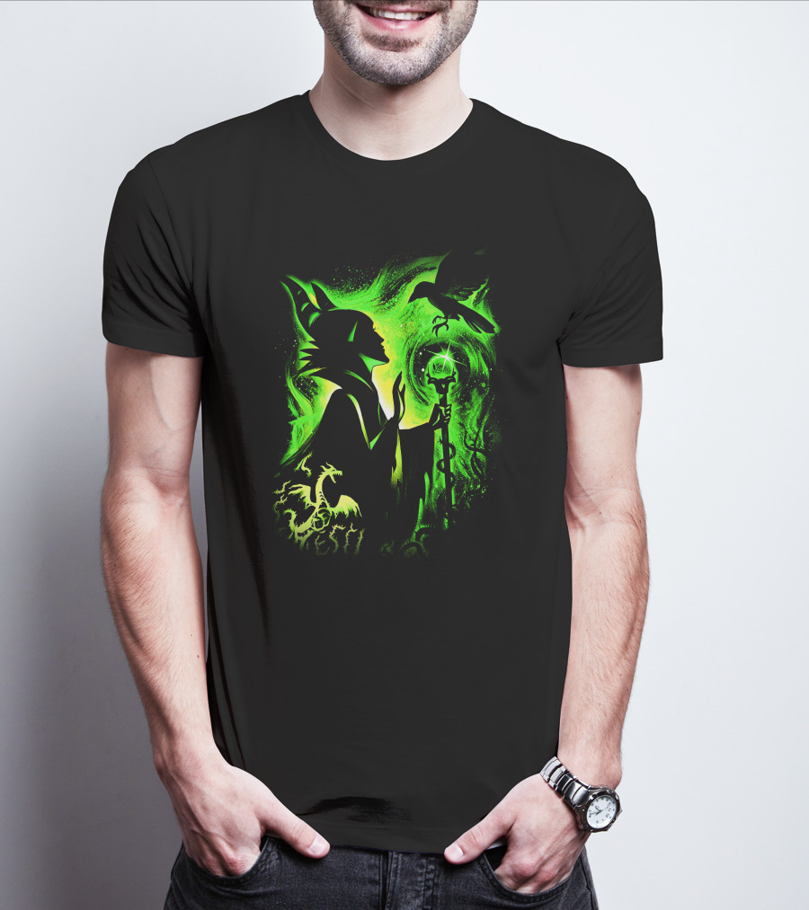 Maleficent 3 Dragon Silhouette And Green Magic Staff Scene T-Shirt