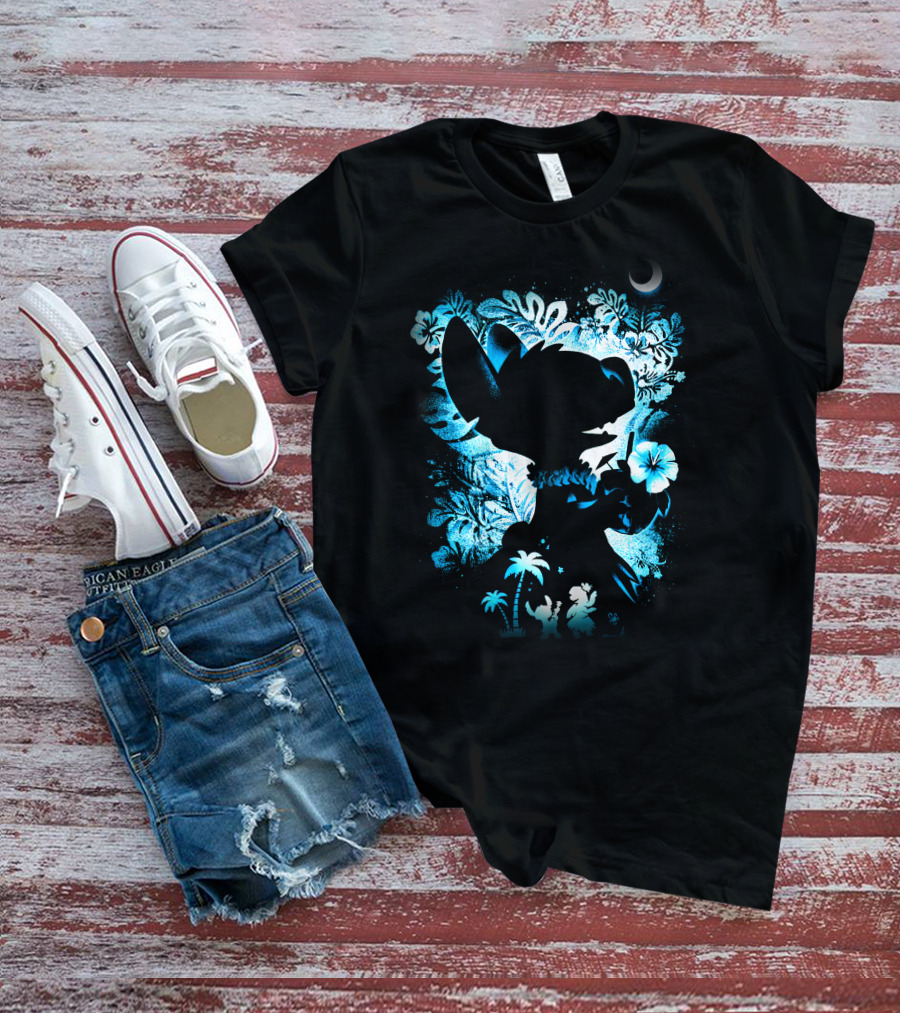 Stitch 2 Midnight Jungle Adventure With Tropical Florals And Crescent Moon T-Shirt